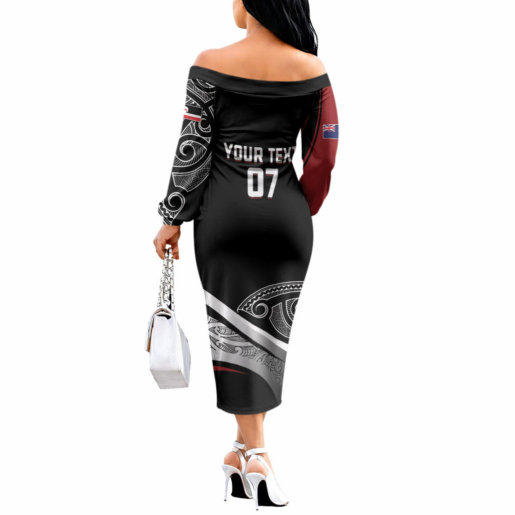 Aotearoa Maori Rugby Custom Off The Shoulder Long Sleeve Dress Kapa O Pango LT7 - Polynesian Pride