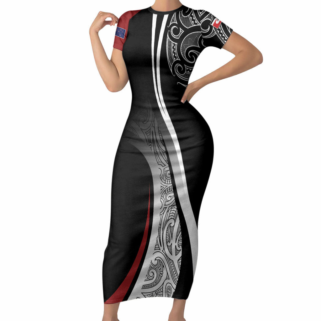 Aotearoa Maori Rugby Custom Short Sleeve Bodycon Dress Kapa O Pango LT7 Long Dress Black - Polynesian Pride