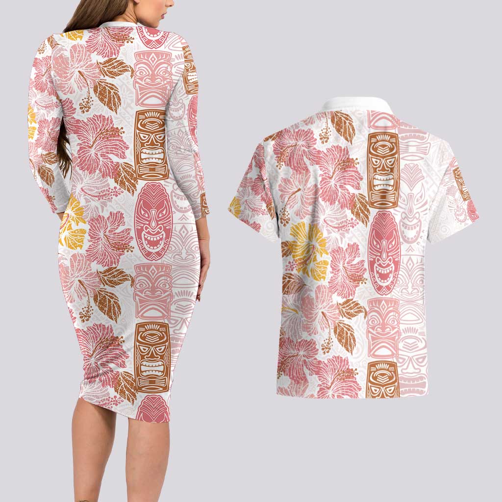 Christmas Aloha Hawaii Tiki Couples Matching Long Sleeve Bodycon Dress and Hawaiian Shirt Hibiscus Spring Colors - Polynesian Pride