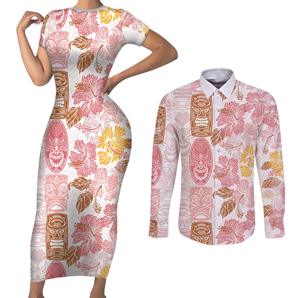 Christmas Aloha Hawaii Tiki Couples Matching Short Sleeve Bodycon Dress and Long Sleeve Button Shirt Hibiscus Spring Colors - Polynesian Pride