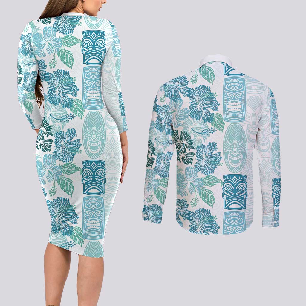 Christmas Aloha Hawaii Tiki Couples Matching Long Sleeve Bodycon Dress and Long Sleeve Button Shirt Hibiscus Summer Colors - Polynesian Pride