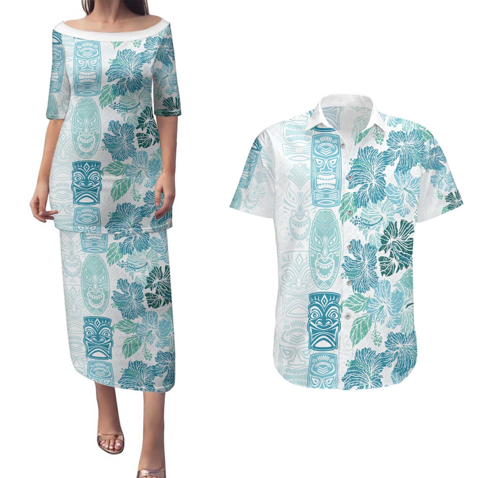 Christmas Aloha Hawaii Tiki Couples Matching Puletasi and Hawaiian Shirt Hibiscus Summer Colors - Polynesian Pride
