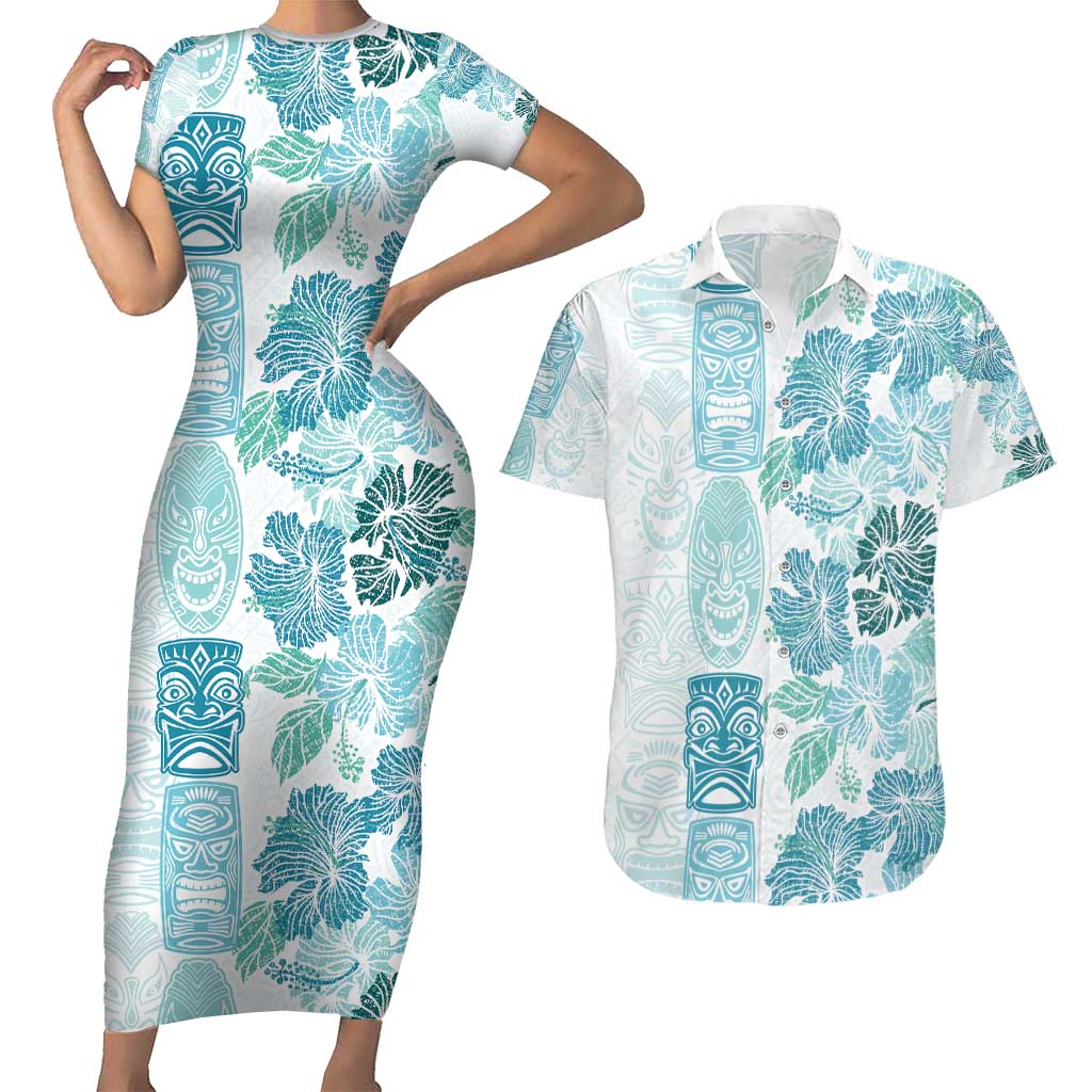 Christmas Aloha Hawaii Tiki Couples Matching Short Sleeve Bodycon Dress and Hawaiian Shirt Hibiscus Summer Colors - Polynesian Pride