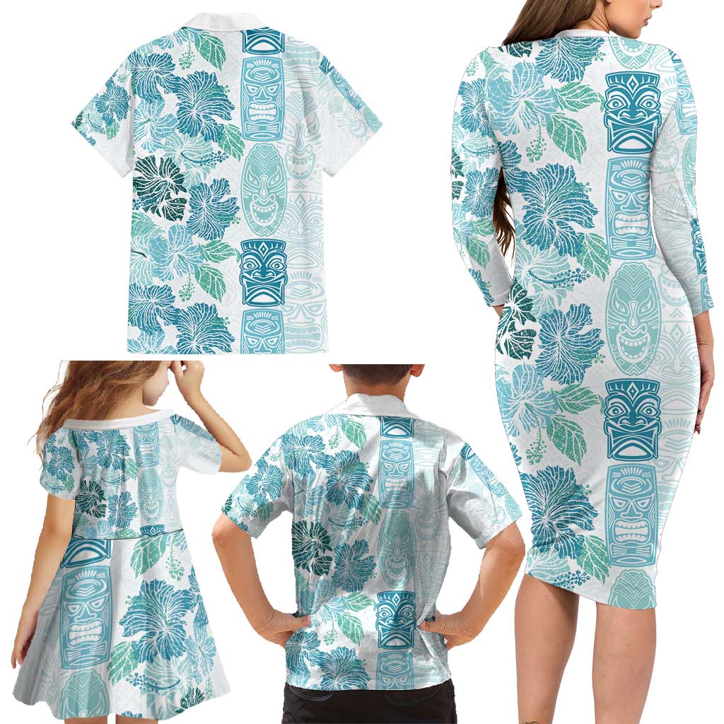 Christmas Aloha Hawaii Tiki Family Matching Long Sleeve Bodycon Dress and Hawaiian Shirt Hibiscus Summer Colors - Polynesian Pride