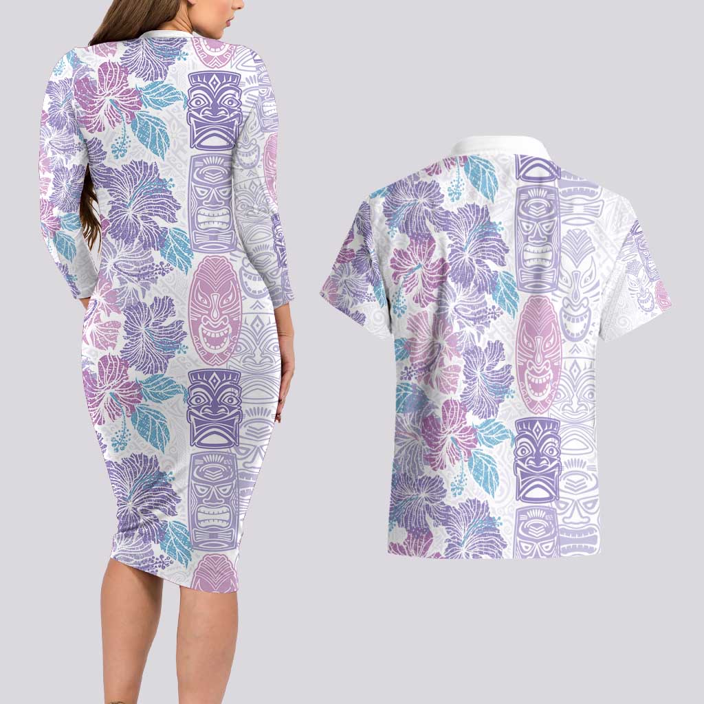 Christmas Aloha Hawaii Tiki Couples Matching Long Sleeve Bodycon Dress and Hawaiian Shirt Hibiscus Winter Colors - Polynesian Pride