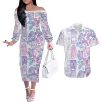 Christmas Aloha Hawaii Tiki Couples Matching Off The Shoulder Long Sleeve Dress and Hawaiian Shirt Hibiscus Winter Colors - Polynesian Pride