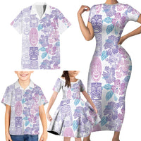 Christmas Aloha Hawaii Tiki Family Matching Short Sleeve Bodycon Dress and Hawaiian Shirt Hibiscus Winter Colors - Polynesian Pride