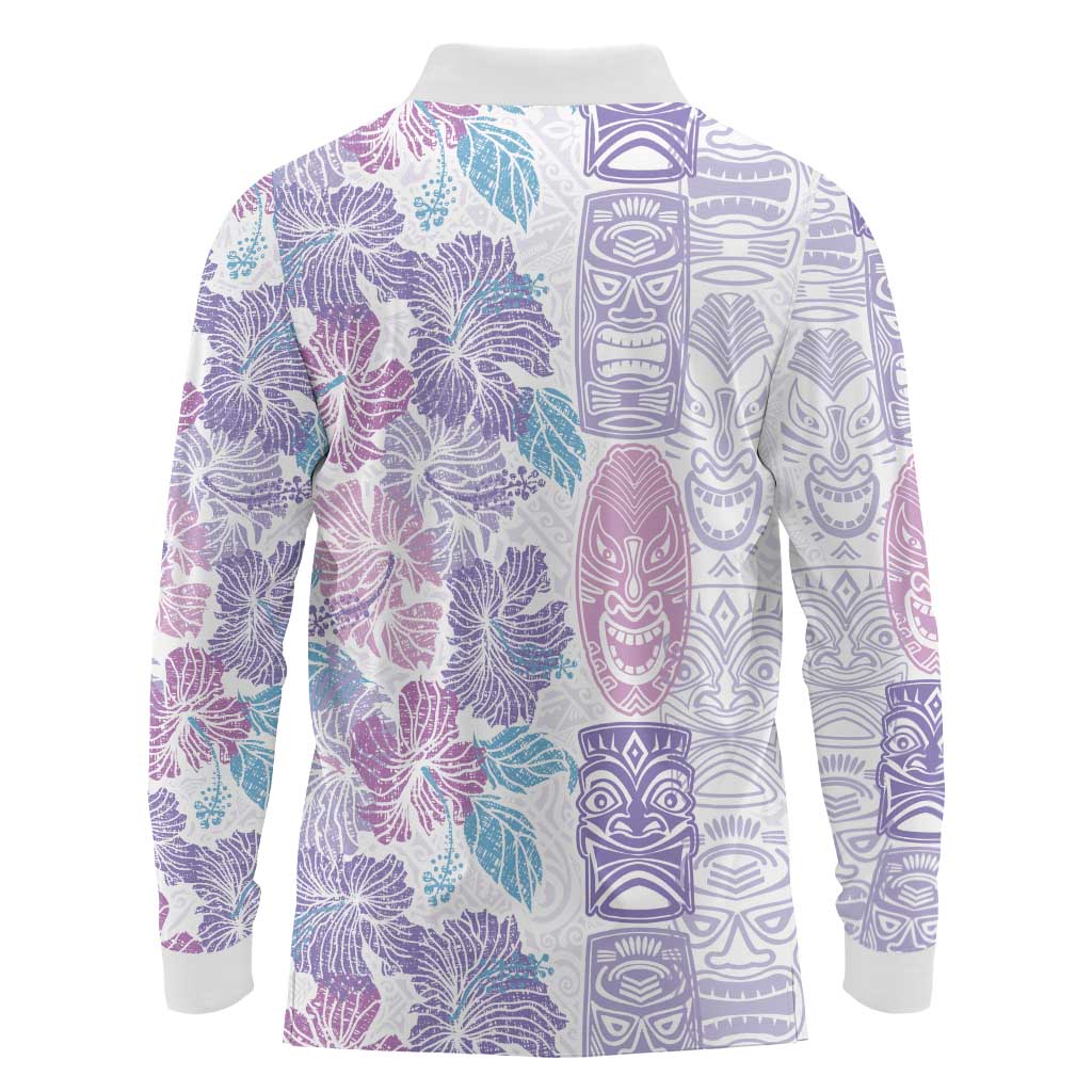 Christmas Aloha Hawaii Tiki Long Sleeve Polo Shirt Hibiscus Winter Colors - Polynesian Pride
