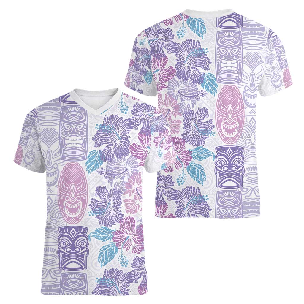 Christmas Aloha Hawaii Tiki Women V-Neck T-Shirt Hibiscus Winter Colors - Polynesian Pride