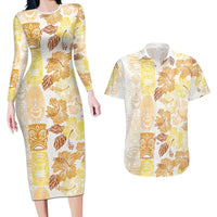 Christmas Aloha Hawaii Tiki Couples Matching Long Sleeve Bodycon Dress and Hawaiian Shirt Hibiscus Autumn Colors - Polynesian Pride