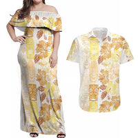 Christmas Aloha Hawaii Tiki Couples Matching Off Shoulder Maxi Dress and Hawaiian Shirt Hibiscus Autumn Colors - Polynesian Pride