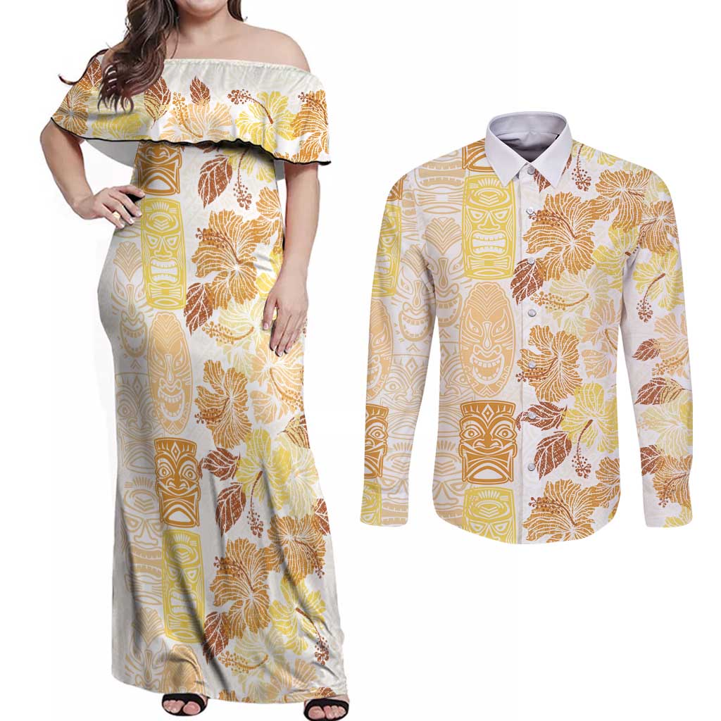 Christmas Aloha Hawaii Tiki Couples Matching Off Shoulder Maxi Dress and Long Sleeve Button Shirt Hibiscus Autumn Colors - Polynesian Pride