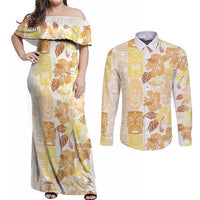 Christmas Aloha Hawaii Tiki Couples Matching Off Shoulder Maxi Dress and Long Sleeve Button Shirt Hibiscus Autumn Colors - Polynesian Pride
