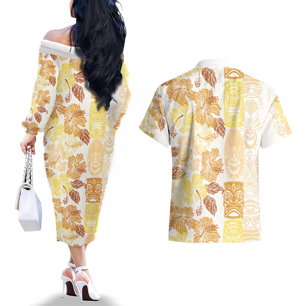 Christmas Aloha Hawaii Tiki Couples Matching Off The Shoulder Long Sleeve Dress and Hawaiian Shirt Hibiscus Autumn Colors - Polynesian Pride