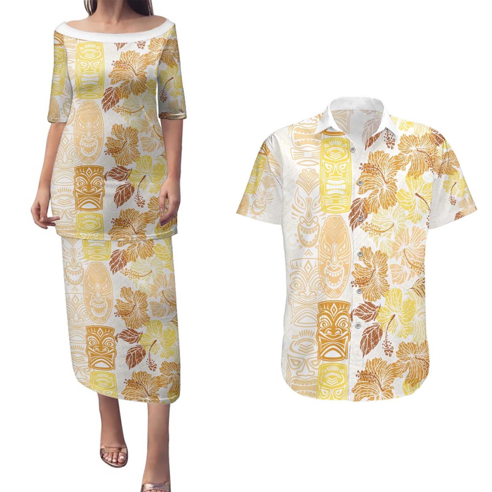 Christmas Aloha Hawaii Tiki Couples Matching Puletasi and Hawaiian Shirt Hibiscus Autumn Colors - Polynesian Pride