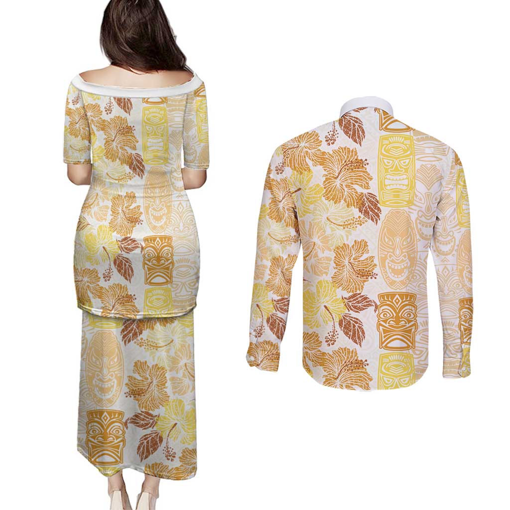 Christmas Aloha Hawaii Tiki Couples Matching Puletasi and Long Sleeve Button Shirt Hibiscus Autumn Colors - Polynesian Pride