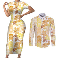 Christmas Aloha Hawaii Tiki Couples Matching Short Sleeve Bodycon Dress and Long Sleeve Button Shirt Hibiscus Autumn Colors - Polynesian Pride