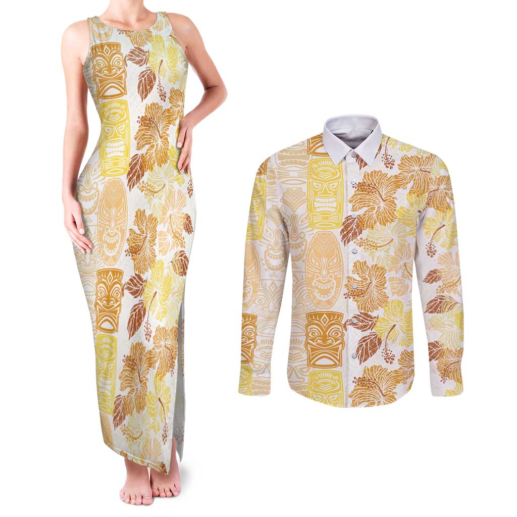 Christmas Aloha Hawaii Tiki Couples Matching Tank Maxi Dress and Long Sleeve Button Shirt Hibiscus Autumn Colors - Polynesian Pride