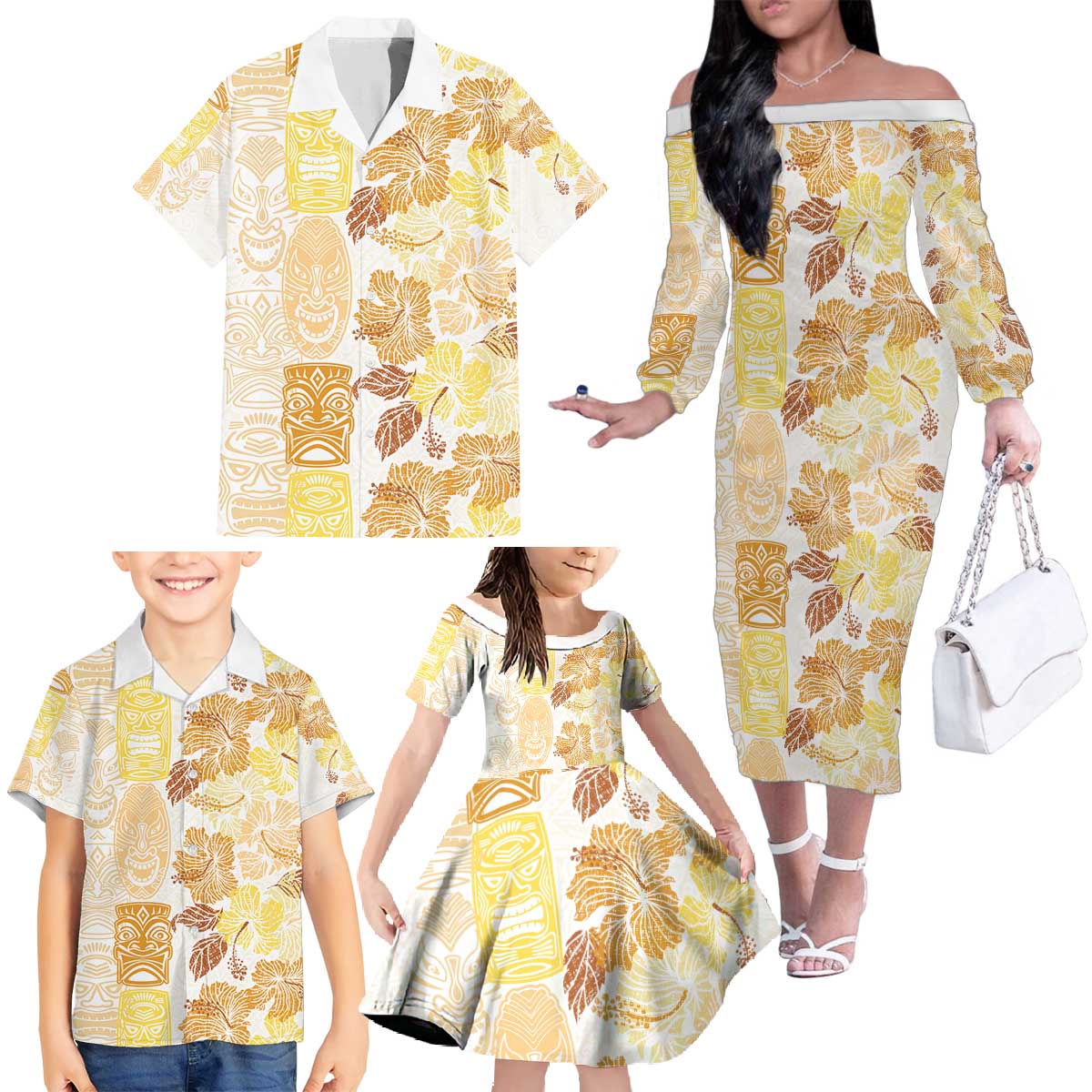 Christmas Aloha Hawaii Tiki Family Matching Off The Shoulder Long Sleeve Dress and Hawaiian Shirt Hibiscus Autumn Colors - Polynesian Pride