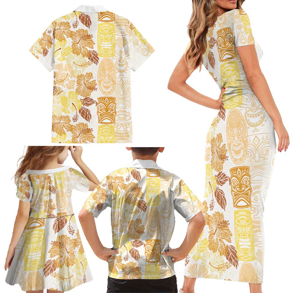 Christmas Aloha Hawaii Tiki Family Matching Short Sleeve Bodycon Dress and Hawaiian Shirt Hibiscus Autumn Colors - Polynesian Pride
