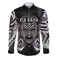 New Zealand Rugby Family Matching Mermaid Dress and Hawaiian Shirt 2023 World Cup Aotearoa Haka Face LT7 Dad's Shirt - Long Sleeve Black - Polynesian Pride