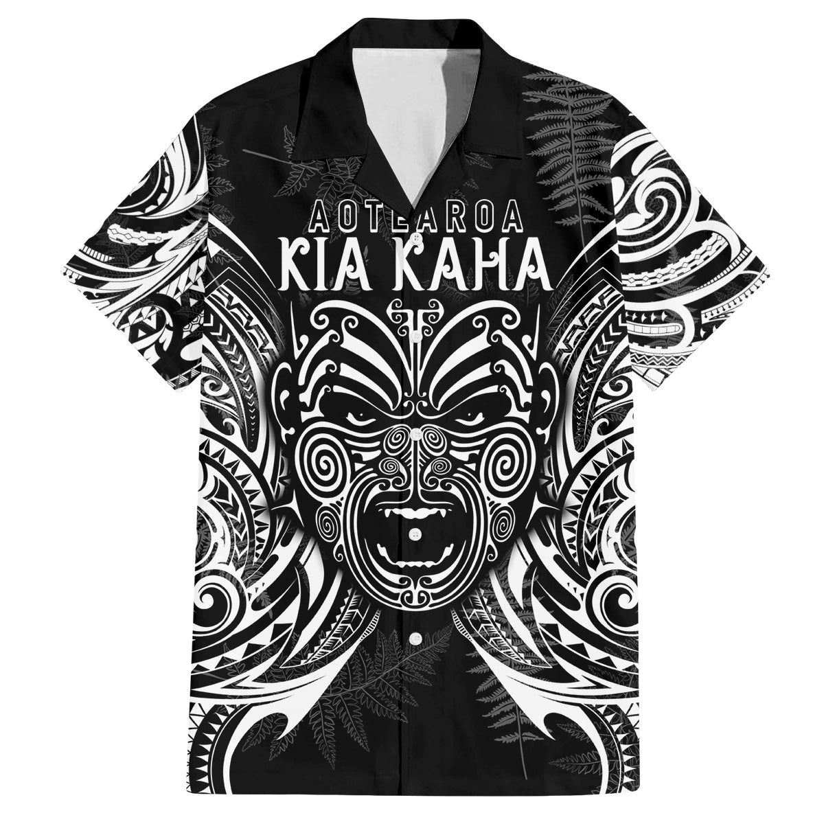 Custom New Zealand Rugby Family Matching Puletasi Dress and Hawaiian Shirt 2023 World Cup Aotearoa Haka Face LT7 Dad's Shirt - Short Sleeve Black - Polynesian Pride