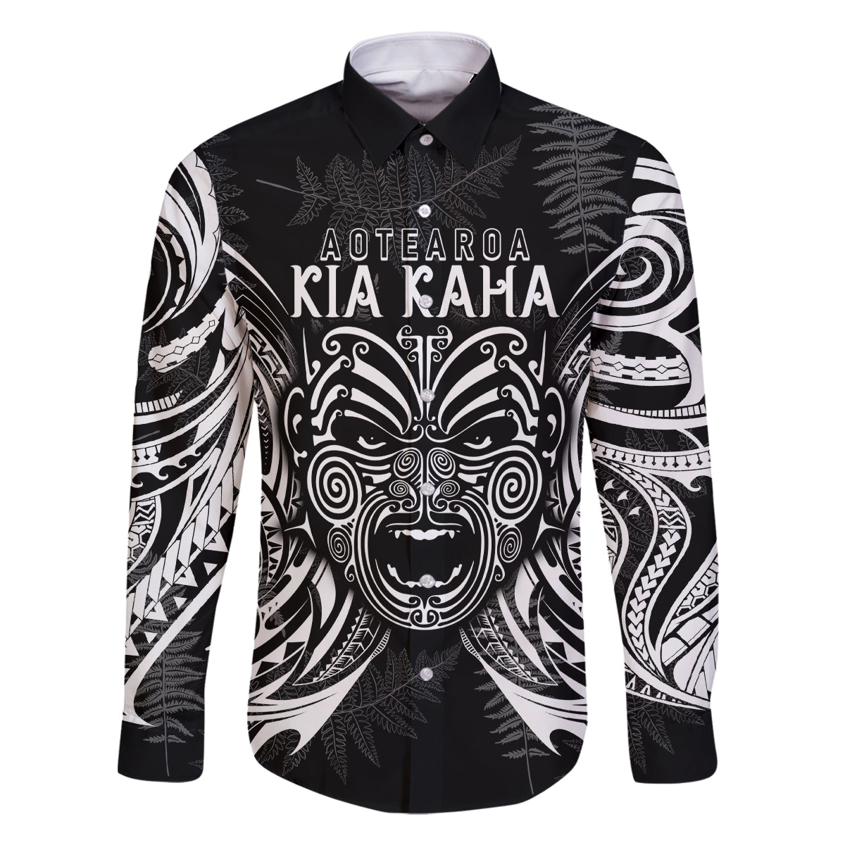 New Zealand Rugby Family Matching Summer Maxi Dress and Hawaiian Shirt 2023 World Cup Aotearoa Haka Face LT7 Dad's Shirt - Long Sleeve Black - Polynesian Pride