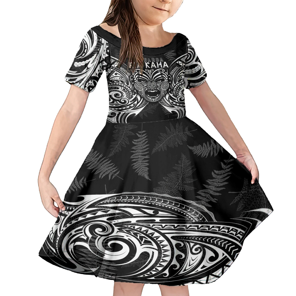New Zealand Rugby Family Matching Tank Maxi Dress and Hawaiian Shirt 2023 World Cup Aotearoa Haka Face LT7 Daughter's Dress Black - Polynesian Pride