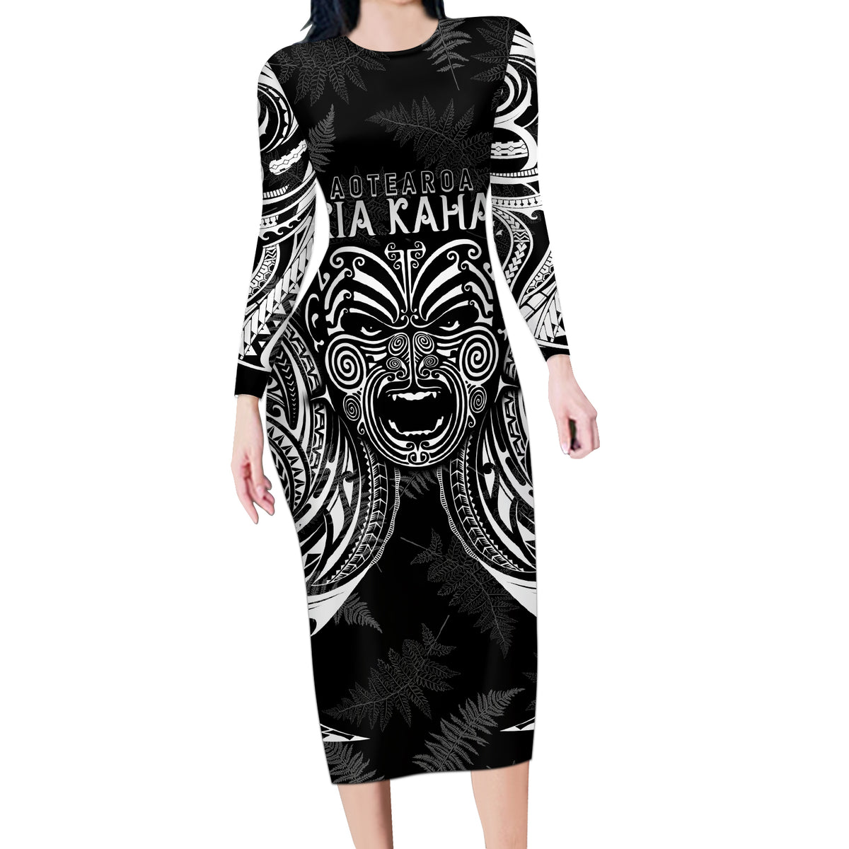 New Zealand Rugby Long Sleeve Bodycon Dress 2023 World Cup Aotearoa Haka Face LT7 Long Dress Black - Polynesian Pride
