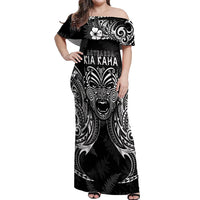 New Zealand Rugby Off Shoulder Maxi Dress 2023 World Cup Aotearoa Haka Face LT7 Women Black - Polynesian Pride