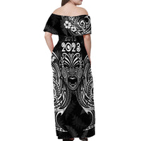 New Zealand Rugby Off Shoulder Maxi Dress 2023 World Cup Aotearoa Haka Face LT7 - Polynesian Pride
