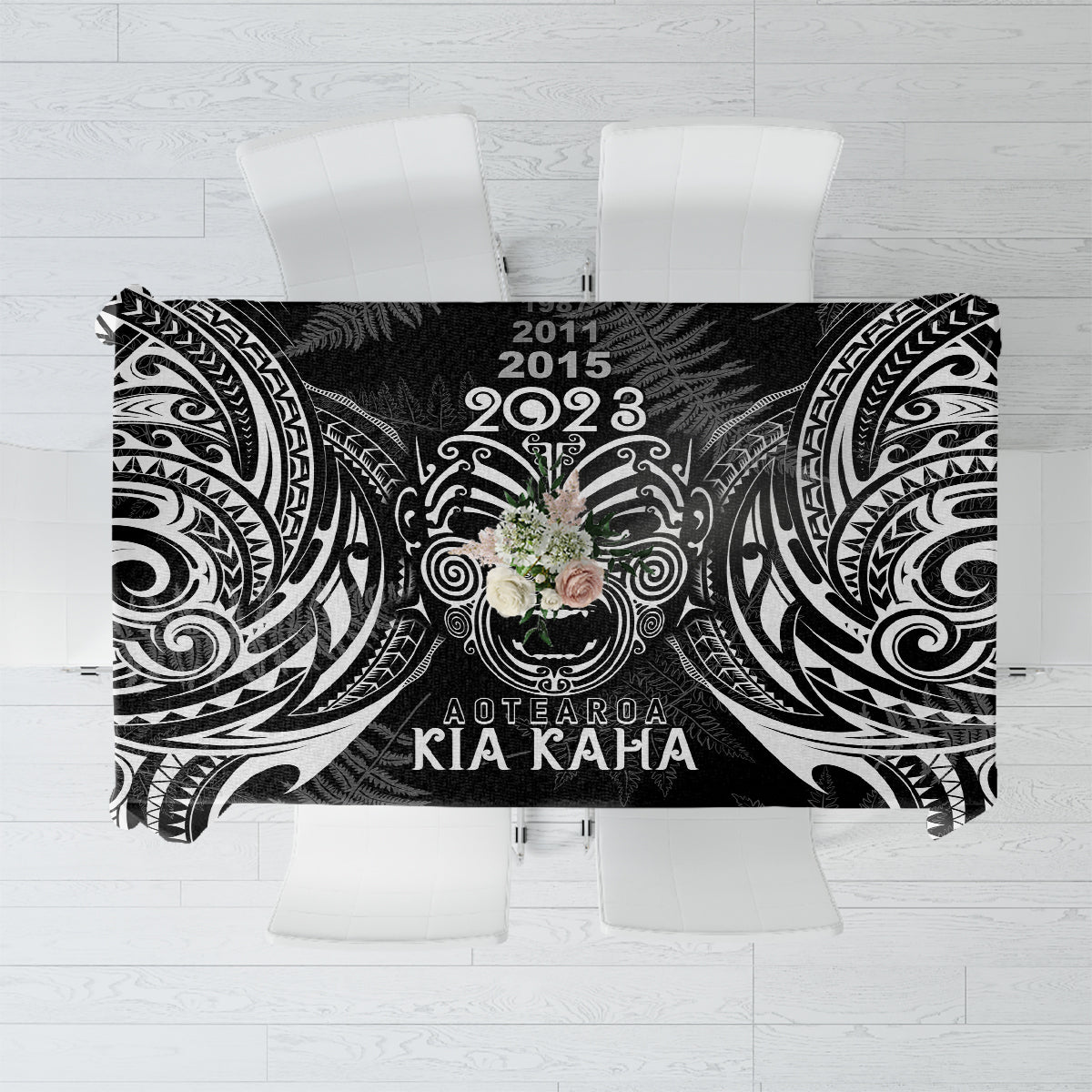 Custom New Zealand Rugby Tablecloth 2023 World Cup Aotearoa Haka Face LT7 Black - Polynesian Pride