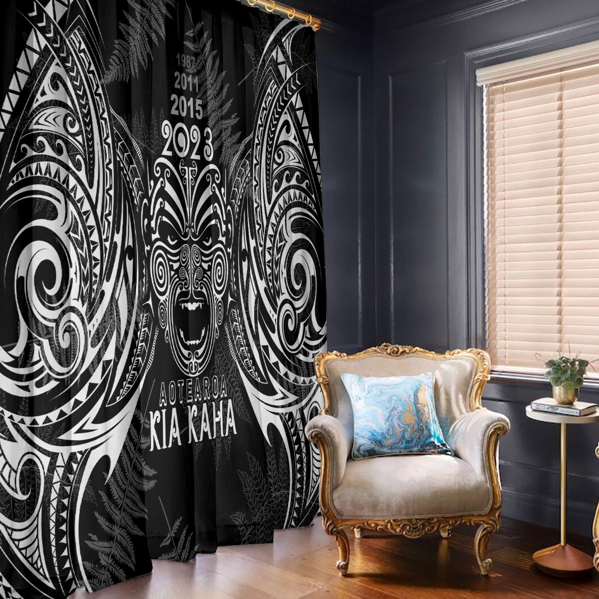 New Zealand Rugby Window Curtain 2023 World Cup Aotearoa Haka Face LT7 With Hooks Black - Polynesian Pride