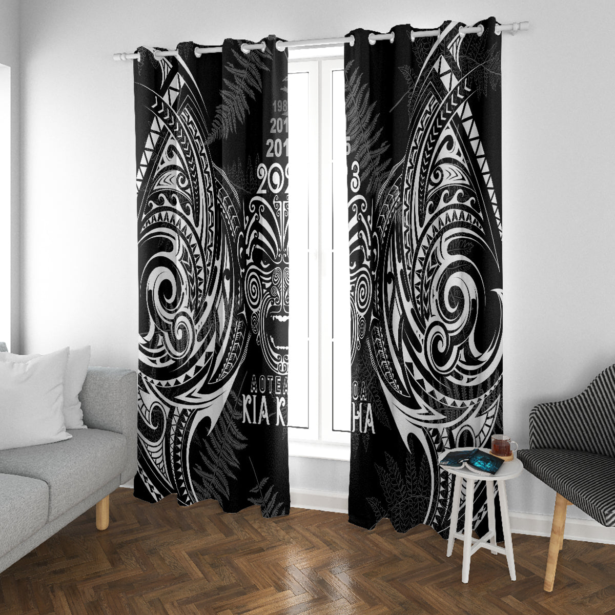 New Zealand Rugby Window Curtain 2023 World Cup Aotearoa Haka Face LT7 With Grommets Black - Polynesian Pride