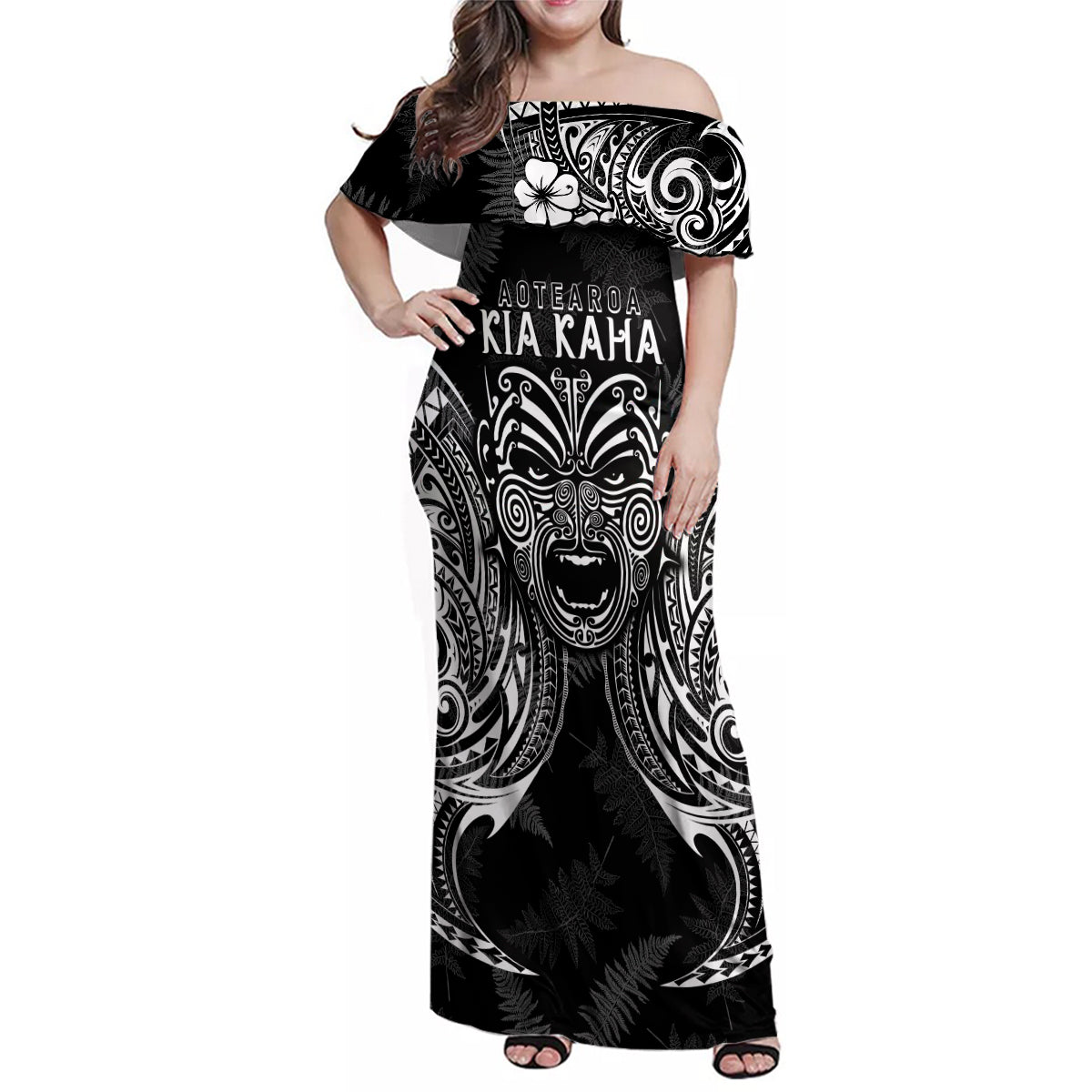 New Zealand Rugby Family Matching Off Shoulder Maxi Dress and Hawaiian Shirt 2023 World Cup Aotearoa Create History LT7 Mom's Dress Black - Polynesian Pride