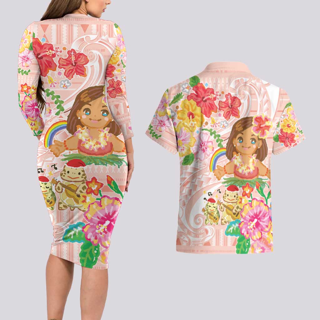 Aloha Hawaii Couples Matching Long Sleeve Bodycon Dress and Hawaiian Shirt Kawaii Mele Kalikimaka - Pastel Fever