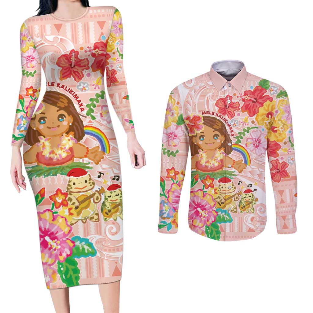 Aloha Hawaii Couples Matching Long Sleeve Bodycon Dress and Long Sleeve Button Shirt Kawaii Mele Kalikimaka - Pastel Fever