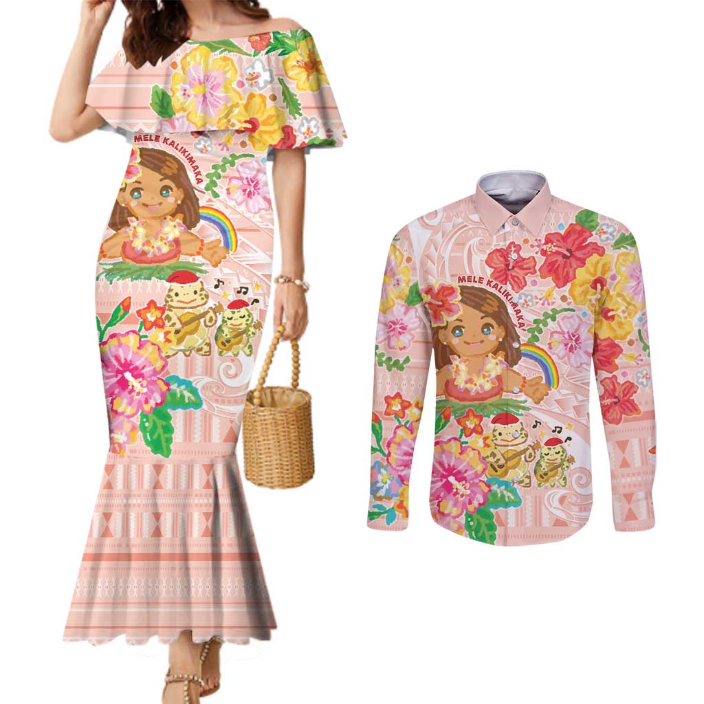 Aloha Hawaii Couples Matching Mermaid Dress and Long Sleeve Button Shirt Kawaii Mele Kalikimaka - Pastel Fever