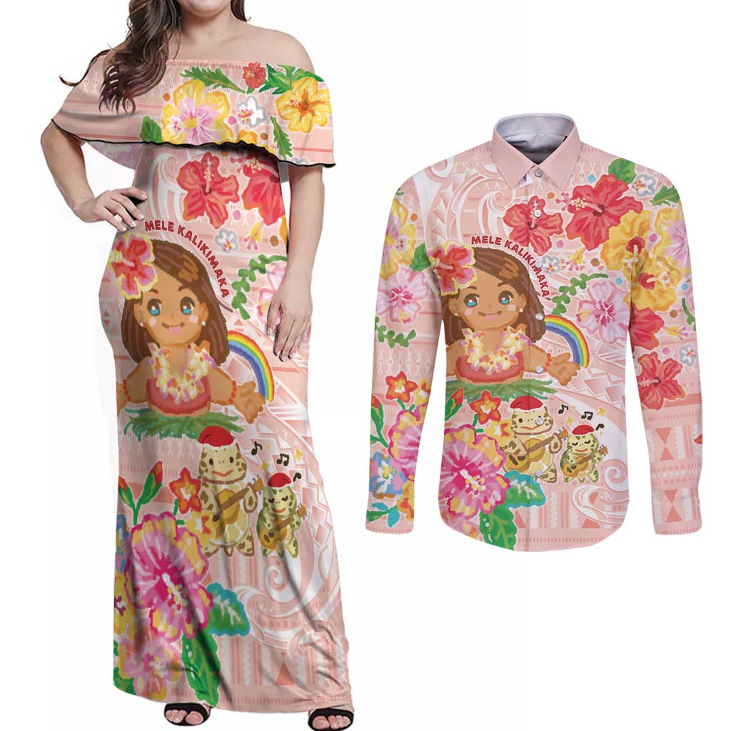Aloha Hawaii Couples Matching Off Shoulder Maxi Dress and Long Sleeve Button Shirt Kawaii Mele Kalikimaka - Pastel Fever