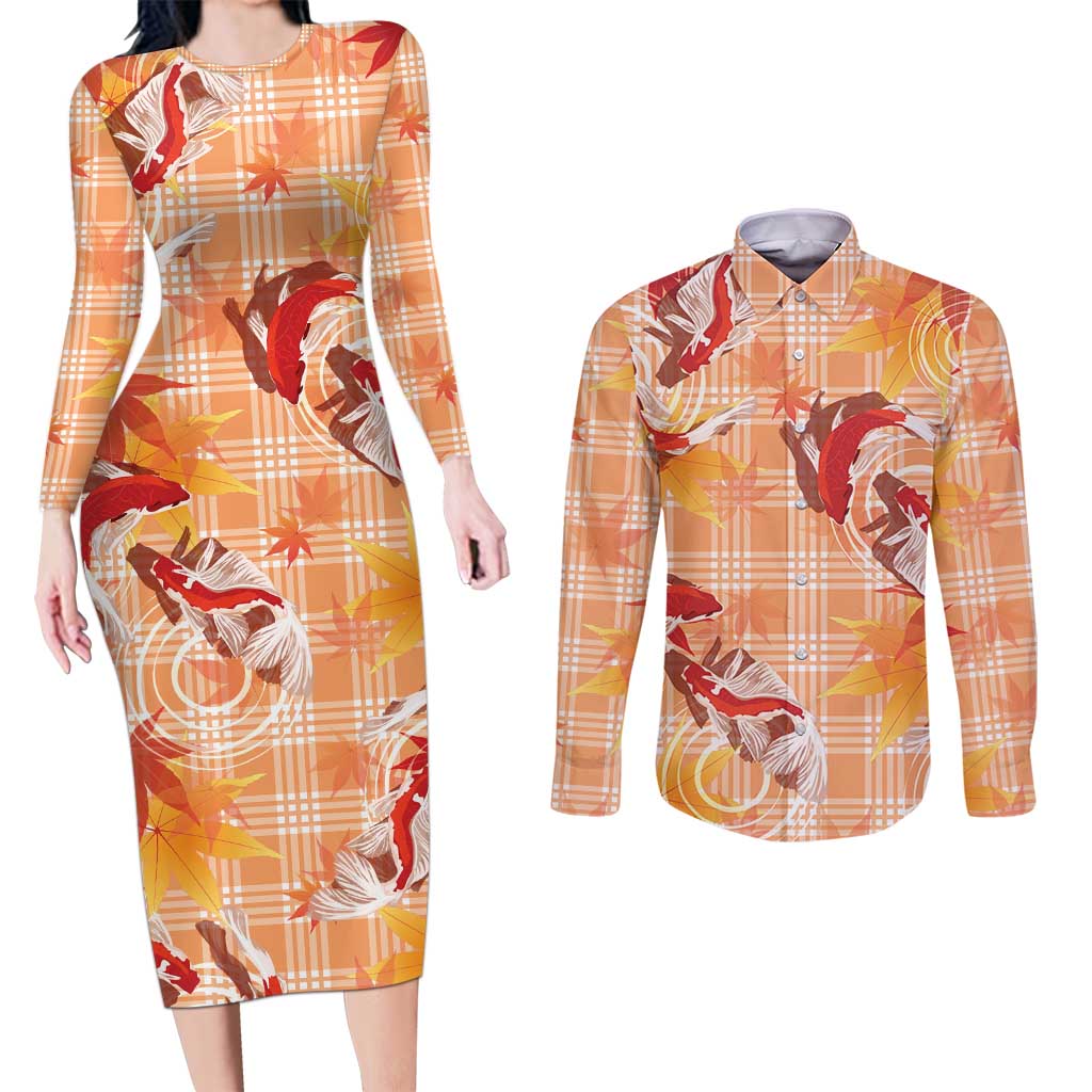 Orange Palaka Hawaii Aloha Couples Matching Long Sleeve Bodycon Dress and Long Sleeve Button Shirt Koi Pond Mix Japanese Maple - Polynesian Pride
