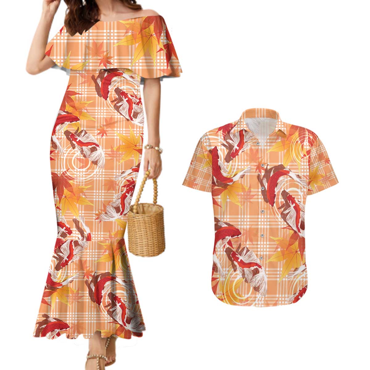 Orange Palaka Hawaii Aloha Couples Matching Mermaid Dress and Hawaiian Shirt Koi Pond Mix Japanese Maple - Polynesian Pride