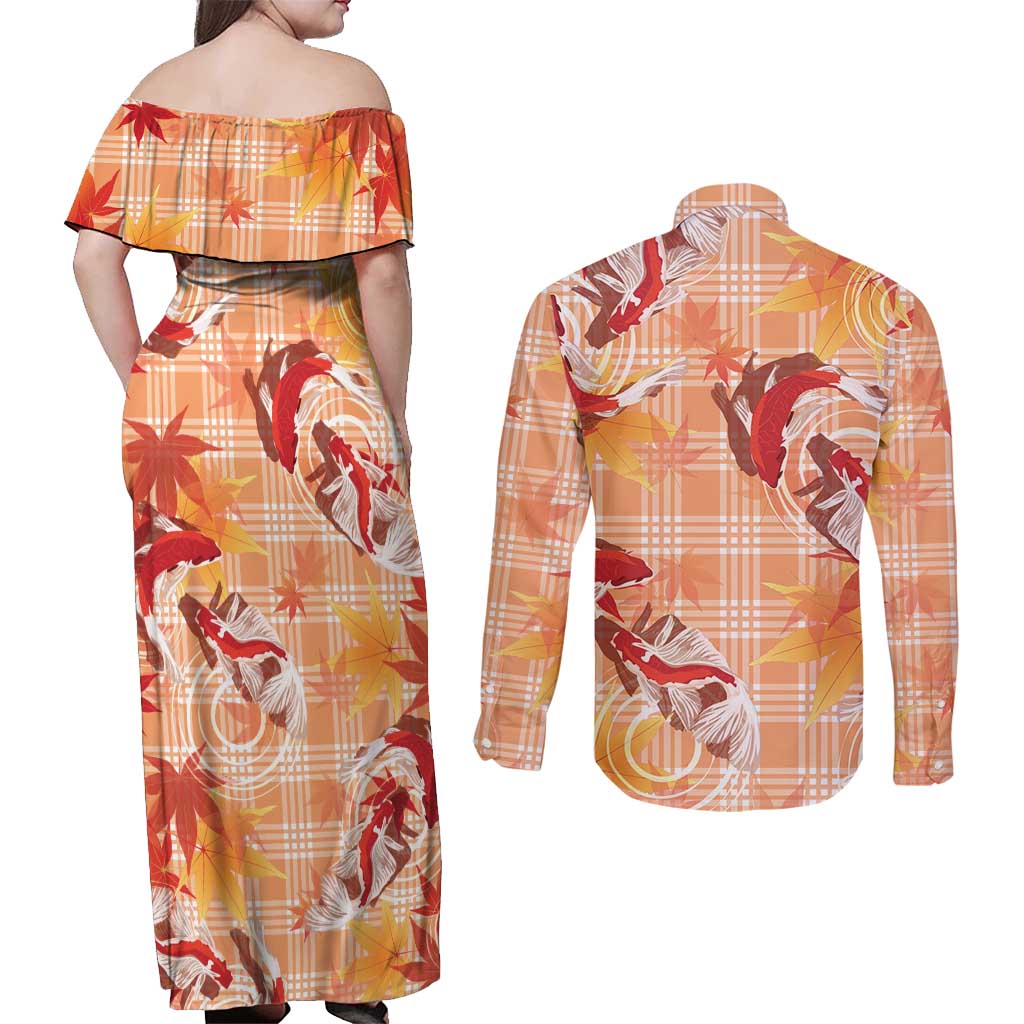 Orange Palaka Hawaii Aloha Couples Matching Off Shoulder Maxi Dress and Long Sleeve Button Shirt Koi Pond Mix Japanese Maple - Polynesian Pride