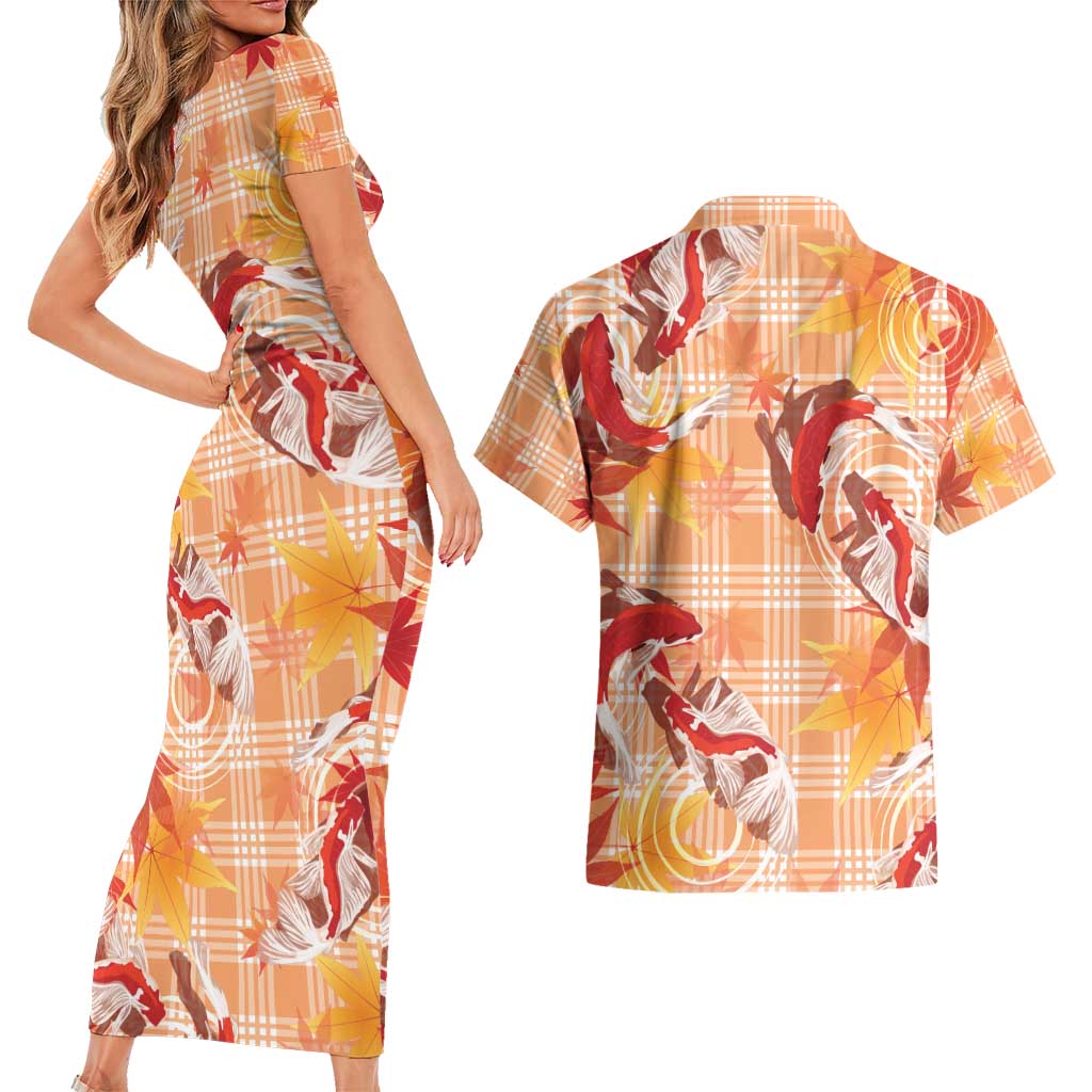 Orange Palaka Hawaii Aloha Couples Matching Short Sleeve Bodycon Dress and Hawaiian Shirt Koi Pond Mix Japanese Maple - Polynesian Pride