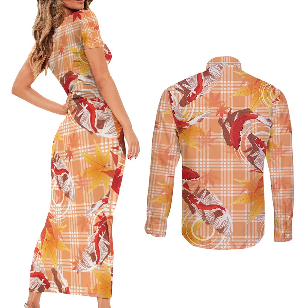 Orange Palaka Hawaii Aloha Couples Matching Short Sleeve Bodycon Dress and Long Sleeve Button Shirt Koi Pond Mix Japanese Maple - Polynesian Pride