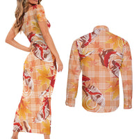 Orange Palaka Hawaii Aloha Couples Matching Short Sleeve Bodycon Dress and Long Sleeve Button Shirt Koi Pond Mix Japanese Maple - Polynesian Pride