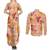 Orange Palaka Hawaii Aloha Couples Matching Summer Maxi Dress and Long Sleeve Button Shirt Koi Pond Mix Japanese Maple - Polynesian Pride