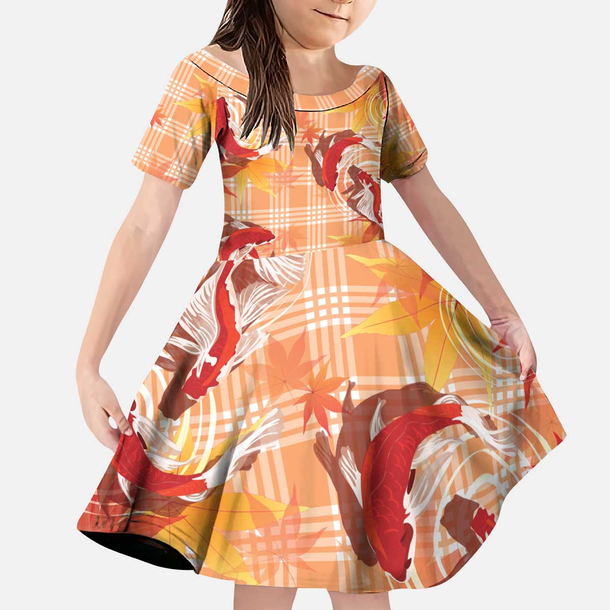 Orange Palaka Hawaii Aloha Kid Short Sleeve Dress Koi Pond Mix Japanese Maple - Polynesian Pride