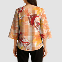 Orange Palaka Hawaii Aloha Kimono Sleeve Blouse Koi Pond Mix Japanese Maple - Polynesian Pride