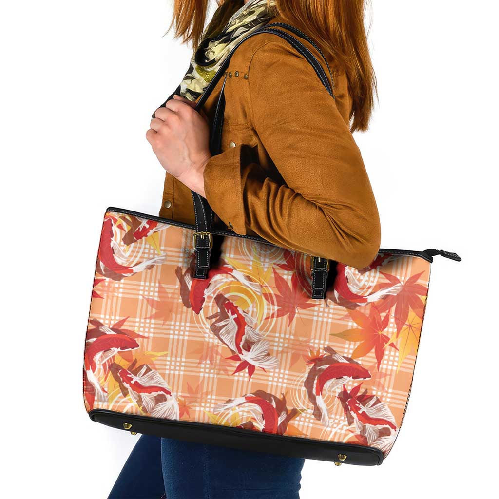 Orange Palaka Hawaii Aloha Leather Tote Bag Koi Pond Mix Japanese Maple - Polynesian Pride