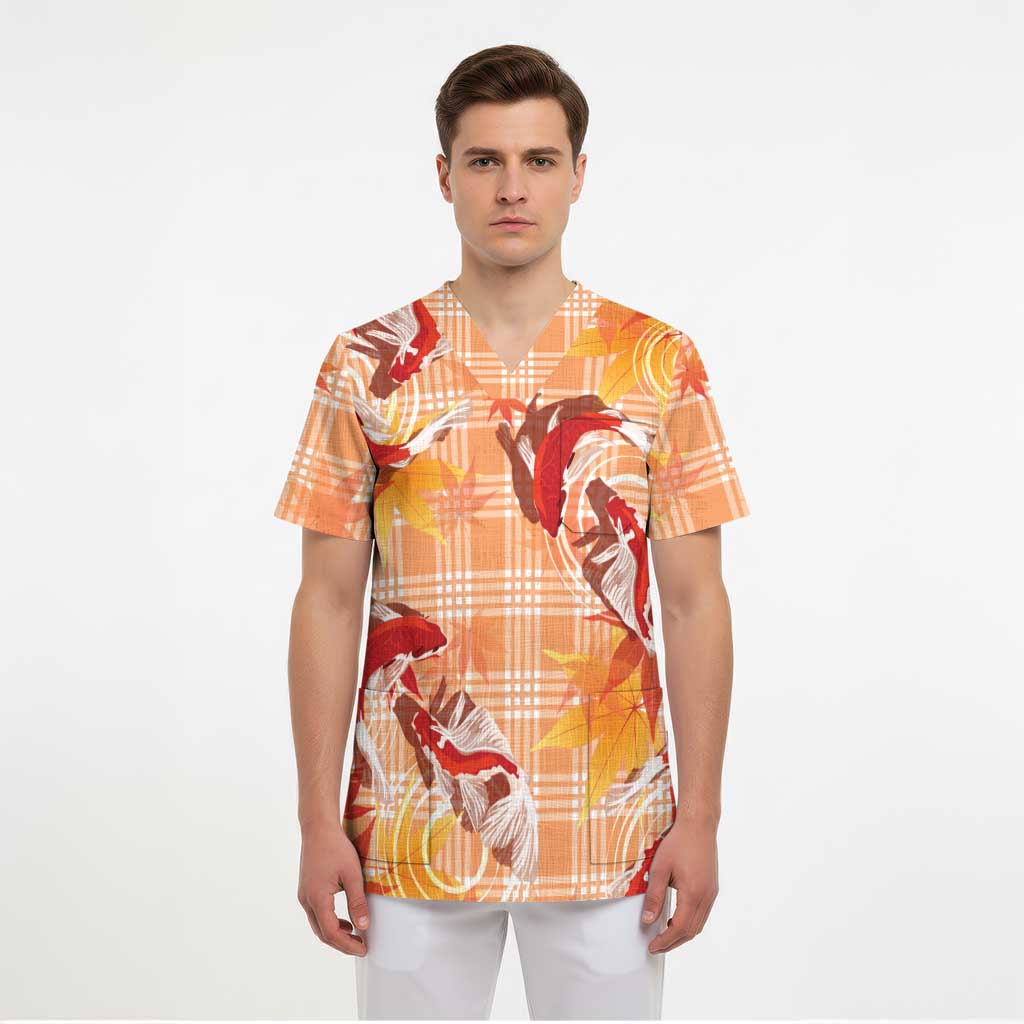 Orange Palaka Hawaii Aloha Scrub Top Koi Pond Mix Japanese Maple - Polynesian Pride